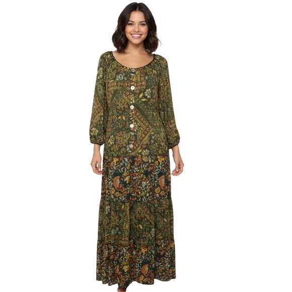 Figueroa & Flower Green Floral Tiered Maxi Dress Size Large - Picture 1 of 8